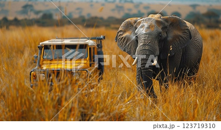 Elephant walking through safari valley and car with tourists on background.Macro.AI Generative Elephant walking through safari valley and car with tourists on background.Macro.AI Generative 123719310