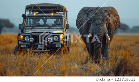 Elephant walking through safari valley and car with tourists on background.Macro.AI Generative Elephant walking through safari valley and car with tourists on background.Macro.AI Generative 123719313