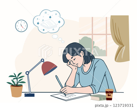 a girl student is sitting at a table in a room 123719331