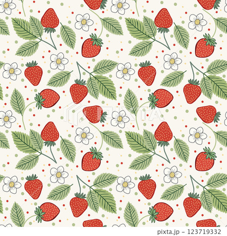 Seamless pattern with strawberries, white flowers and green leaves Seamless pattern with strawberries, white flowers and green leaves 123719332