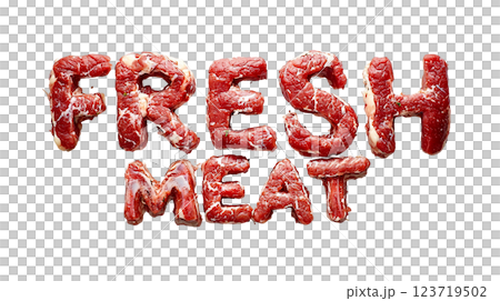 Fresh meat displayed creatively using cuts of real meat on a white background emphasizing quality and freshness 123719502