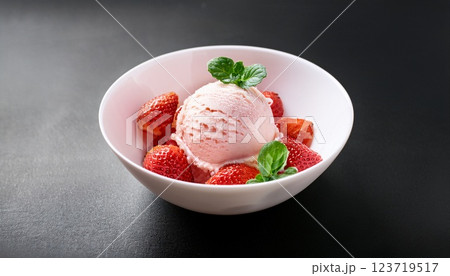 白いボウルに盛られたストロベリーアイスクリーム 白いボウルに盛られたストロベリーアイスクリーム 123719517