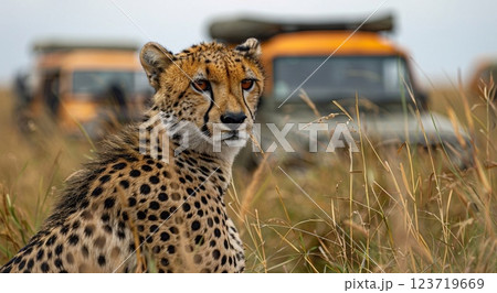 Cheetah wild cat in yellow grass and car with tourists on safari summer holiday.AI Generative. 123719669