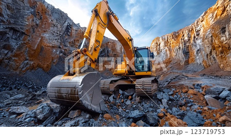 Excavator digging soil on new construction site with blue sky view.Macro.AI Generative. 123719753