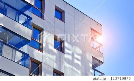 Modern and new apartment building. Multistoried modern, new and stylish living block of flats. 123719979