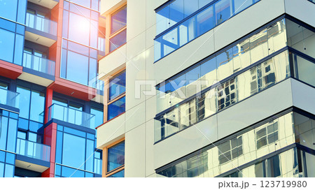 Modern and new apartment building. Multistoried modern, new and stylish living block of flats. Modern and new apartment building. Multistoried modern, new and stylish living block of flats. 123719980
