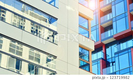 Modern and new apartment building. Multistoried modern, new and stylish living block of flats. 123719982