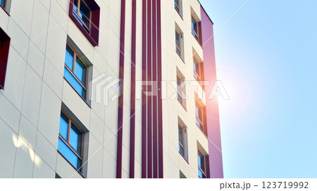 Modern and new apartment building. Multistoried modern, new and stylish living block of flats. 123719992