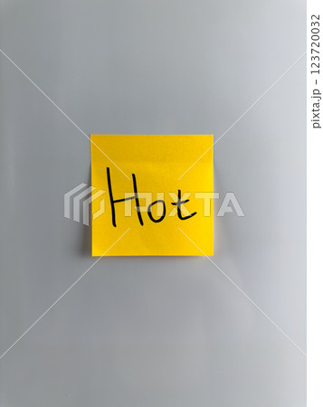 Sticky note on refrigerator with the word Hot Sticky note on refrigerator with the word Hot 123720032