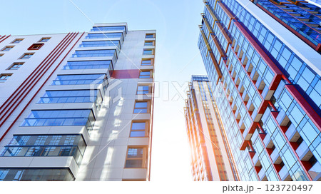 Modern and new apartment building. Multistoried modern, new and stylish living block of flats. 123720497