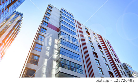 Modern and new apartment building. Multistoried modern, new and stylish living block of flats. 123720498