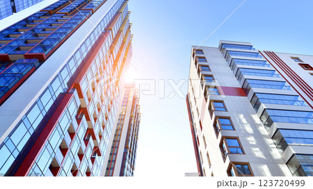 Modern and new apartment building. Multistoried modern, new and stylish living block of flats. 123720499