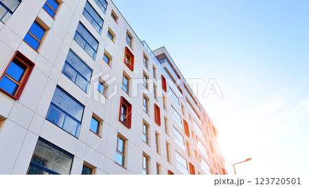 Modern and new apartment building. Multistoried modern, new and stylish living block of flats. Modern and new apartment building. Multistoried modern, new and stylish living block of flats. 123720501