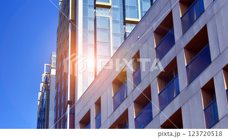 Modern and new apartment building. Multistoried modern, new and stylish living block of flats. Modern and new apartment building. Multistoried modern, new and stylish living block of flats. 123720518