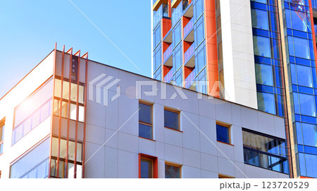 Modern and new apartment building. Multistoried modern, new and stylish living block of flats. 123720529