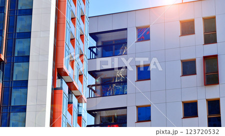 Modern and new apartment building. Multistoried modern, new and stylish living block of flats. 123720532
