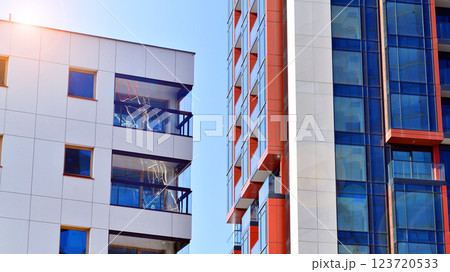 Modern and new apartment building. Multistoried modern, new and stylish living block of flats. 123720533