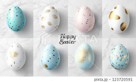 A clean, polished image of Easter eggs in blue, white, and pink colors with golden speckles and spots. The Happy Easter message is displayed in the center on a marble-like background. 123720591