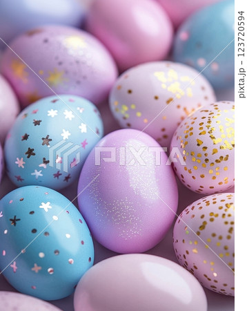 A close-up shot of pastel-colored Easter eggs with patterns of small flowers, stars, and glittery details. The eggs are in shades of pink, purple, and blue, creating a playful/ 123720594