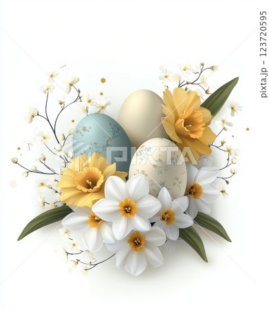 A lovely Easter scene featuring three decorated Easter eggs with delicate floral patterns and daffodils, set against a soft white background. The pastel hues of the eggs create a gentle/ 123720595
