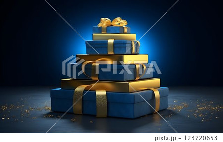 A Stack of Blue and Gold Gift Boxes. Gift Packages. Generative AI 123720653