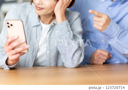 スマホばかり見ている妻を注意する夫（ミドル夫婦） 123720714