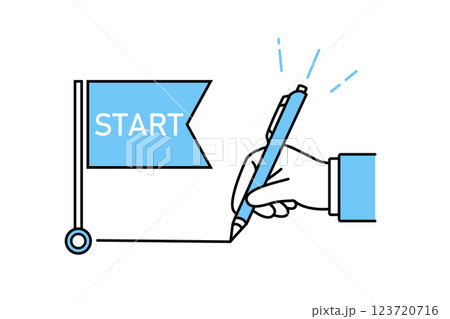 スタートポイントからペンで線を引き始める人物の手元のイラスト 123720716