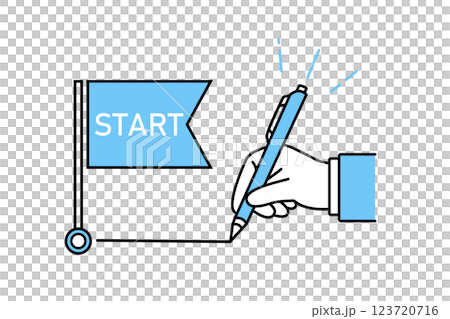 スタートポイントからペンで線を引き始める人物の手元のイラスト 123720716