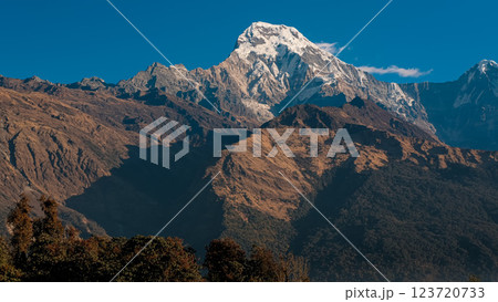 Morning sunlight highlights the majestic peaks of Annapurna range, Annapurna South mountain 123720733