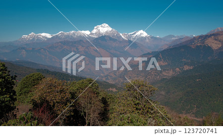 Breathtaking landscapes of Ghorepani Nepal during daytime adventure, pan Breathtaking landscapes of Ghorepani Nepal during daytime adventure, pan 123720741