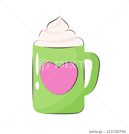 Coffee and cream green mug with pink heart on it in cartoon style. Colorful cheerful illustration on white background. Hot beverage. 123720746