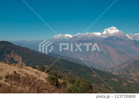 Stunning Ghorepani viewpoint in Nepal at midday, pan 123720808