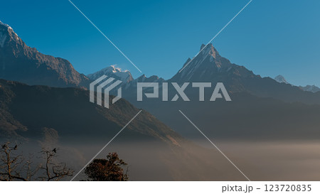 Morning sunlight highlights the majestic peaks of Annapurna range Morning sunlight highlights the majestic peaks of Annapurna range 123720835