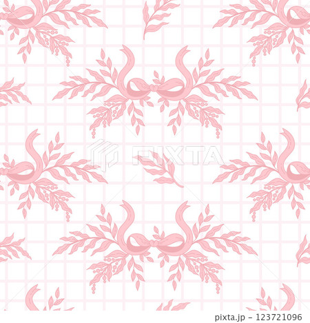 Vintage seamless pattern pink ribbon bow with Plants on checkered background. Romantic Coquette Pink Girly Vibe. Trendy aesthetic template for Design, wrapping paper, packaging. Vector illustration Vintage seamless pattern pink ribbon bow with Plants on checkered background. Romantic Coquette Pink Girly Vibe. Trendy aesthetic template for Design, wrapping paper, packaging. Vector illustration 123721096
