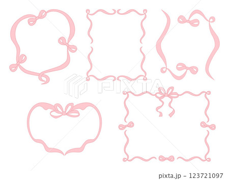 Vintage Coquette Frame with Bows and Ribbons Set. Romantic Pink Girly Vibe. Vector illustration. Isolated Trendy aesthetic Template for wedding, birthday, party invitations 123721097