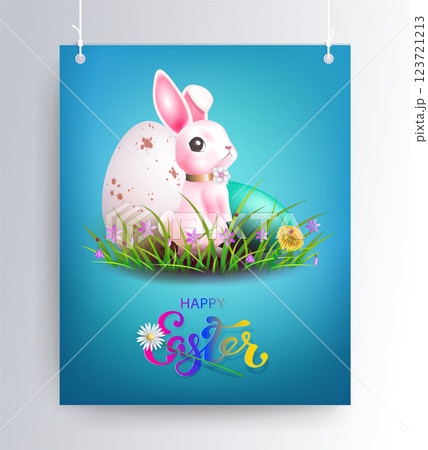 Easter illustration on pendants, bunny and eggs in grass with flowers Easter illustration on pendants, bunny and eggs in grass with flowers 123721213