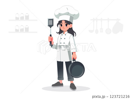 Flat illustration of a beautiful female chef standing confidently with kitchen equipment. Flat illustration of a beautiful female chef standing confidently with kitchen equipment. 123721216