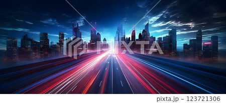 Light Trails with Motion Effect. Red and Blue High Speed Light Effect. Long Exposure 123721306