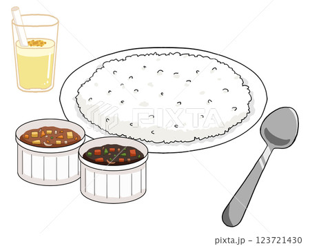 ルーが別添えにされたカレーライスとマンゴーラッシーのイラスト 123721430