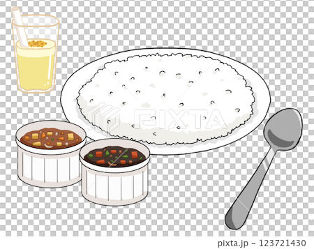 ルーが別添えにされたカレーライスとマンゴーラッシーのイラスト 123721430