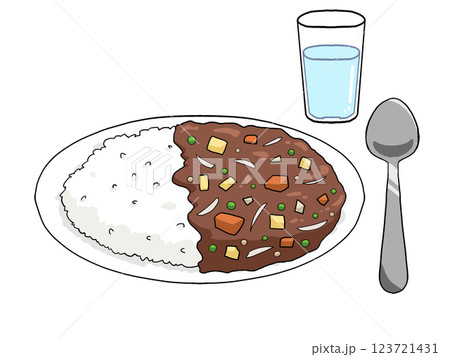 カレーライスと飲み水とスプーンのイラスト（通常版） 123721431