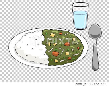 咖哩飯、飲用水和湯匙（綠咖哩醬）的插圖 123721432