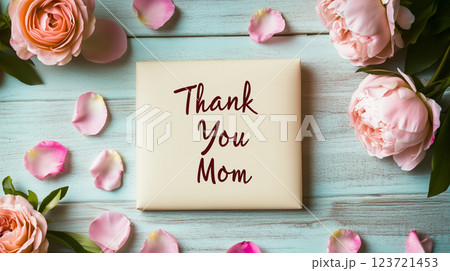 ピンクの花に囲まれた母への感謝メッセージボックス | パステルブルー背景 ピンクの花に囲まれた母への感謝メッセージボックス | パステルブルー背景 123721453