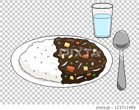 Illustration of curry rice, drinking water and a spoon (thick curry sauce) Illustration of curry rice, drinking water and a spoon (thick curry sauce) 123721460