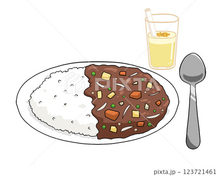 カレーライスとマンゴーラッシーとスプーンのイラスト（通常版） 123721461