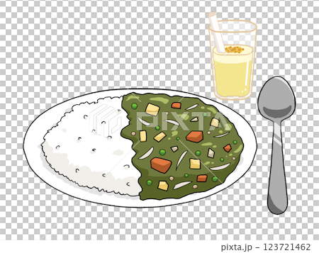 Illustration of curry rice, mango lassi and spoon (green roux) Illustration of curry rice, mango lassi and spoon (green roux) 123721462
