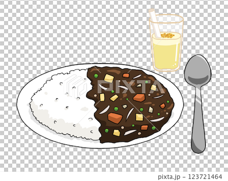 Illustration of curry rice, mango lassi and spoon (thick curry, black curry) Illustration of curry rice, mango lassi and spoon (thick curry, black curry) 123721464