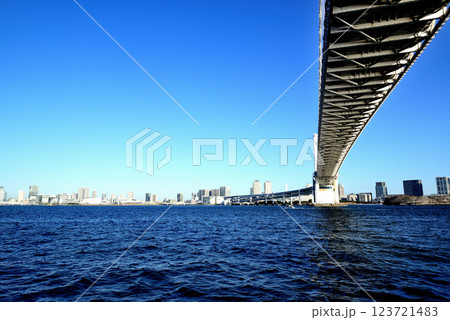芝浦埠頭から見るレインボーブリッジ　お台場海浜公園 123721483