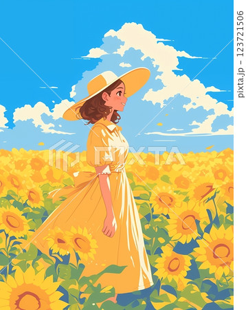 ひまわり畑に囲まれた女の子 123721506