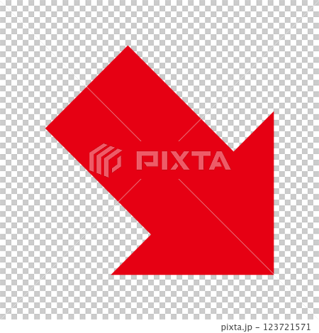 Simple red arrow pointing down to the right on a white background 123721571